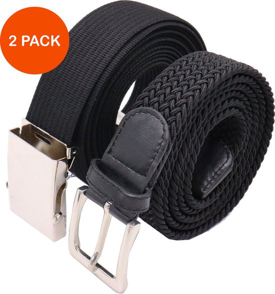 Elastische Riem -  Stretch Riem - Gevlochten Zwart En Tactical Belt - Koppelriem - 2 Stuks -  Zwart